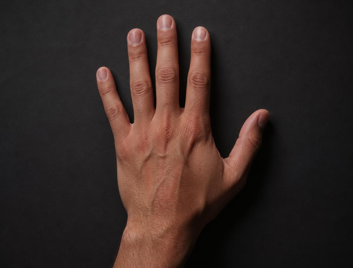 Hand resting on a dark surface, revealing its radiograph on hover